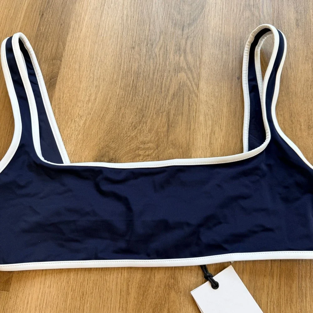NWT Onia Claire Bikini Top Deep Navy White‎ Contrast Trim Womens Large